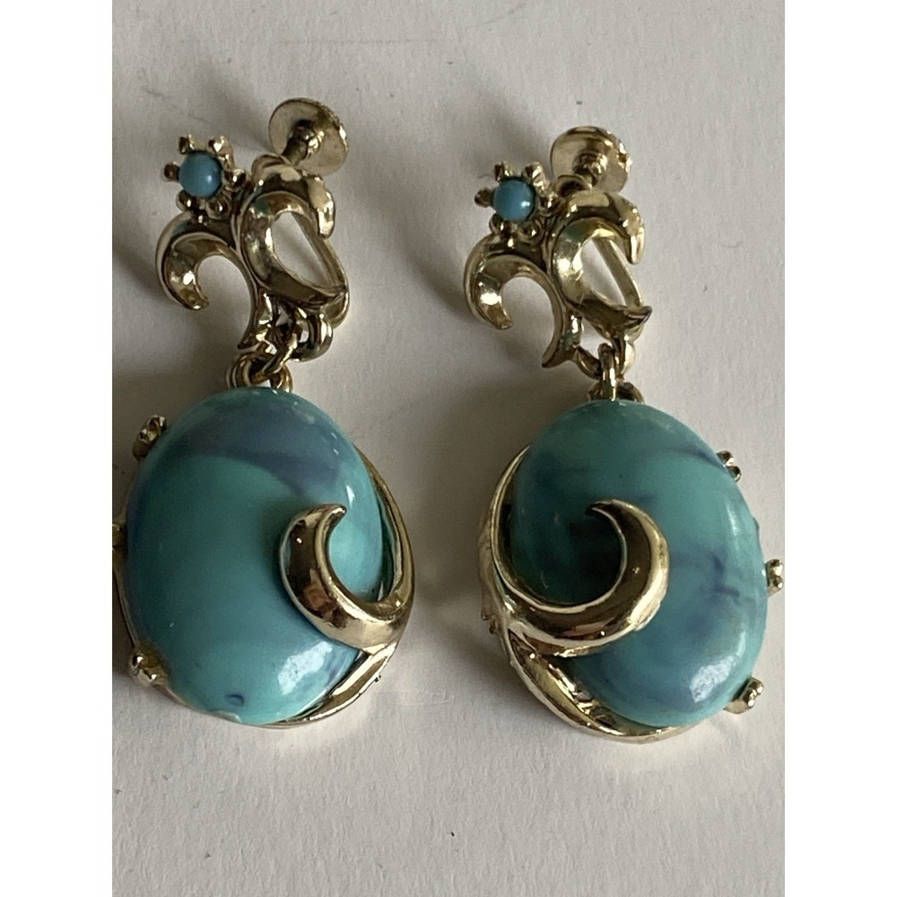 Vintage Faux Larimar Turquoise Cabochon Screw Back Earrings Silver Tone Filigree